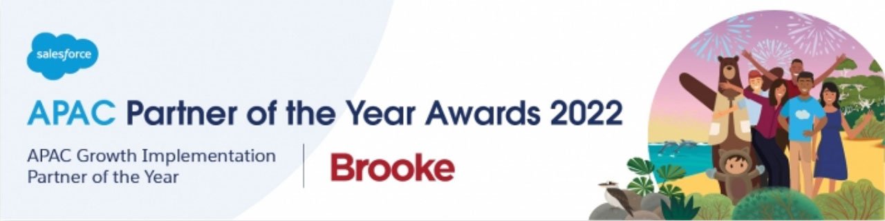 Salesforce APAC Partner of the Year Awards 2022 banner, highlighting Brooke as the APAC Growth Implementation Partner of the Year, with an illustrated group of diverse people in an outdoor setting.